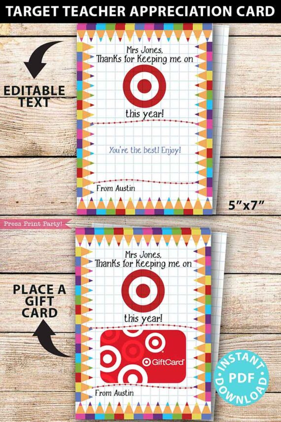 EDITABLE Target Gift Card Holder Teacher Gift Printable Template, 5x7", Thanks for keeping me on target this year, INSTANT DOWNLOAD Press Print Party