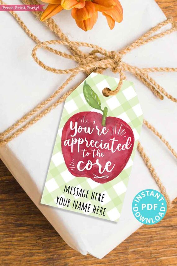 EDITABLE Teacher Appreciation Gift Tags Printable, Teacher Thank You Gift Tags, You're Appreciated to the Core, Staff, secretary, Employee Thank you, INSTANT DOWNLOAD Press Print Party