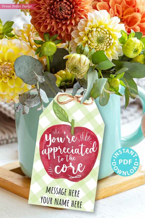 EDITABLE Teacher Appreciation Gift Tags Printable, Teacher Thank You Gift Tags, You're Appreciated to the Core, Staff, secretary, Employee Thank you, INSTANT DOWNLOAD Press Print Party