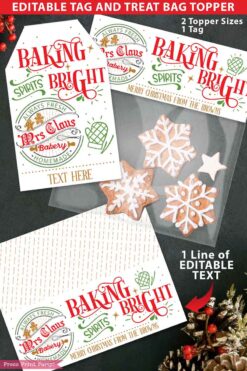 Baking Spirits Bright Christmas Treat Bag Topper and Tag, Mrs Claus Bakery, Baked Good Gift, Christmas Baking, Cookie Gift, INSTANT DOWNLOAD press print party