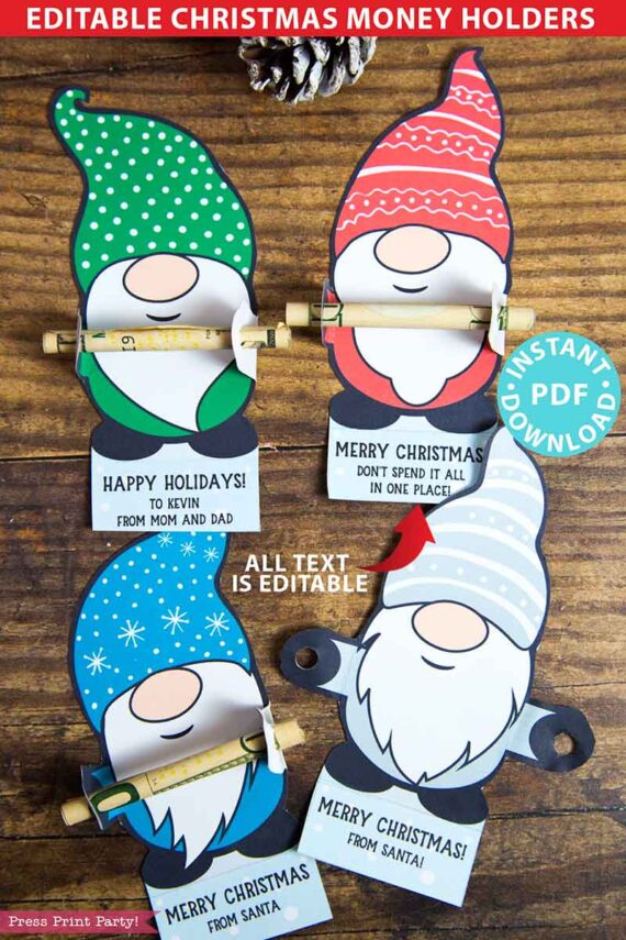 Gnome Christmas Money Card Printable, Christmas Cash Money Holder, Gnome Christmas Ornament Money Bill, Stocking Stuffer, INSTANT DOWNLOAD press print party