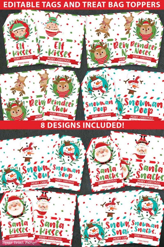 8 EDITABLE Christmas Treat Bag Toppers and Tags, Elf Kisses, Snowman Poop, Santa Kisses, Reindeer Noses, Classroom Gift, INSTANT DOWNLOAD press print party