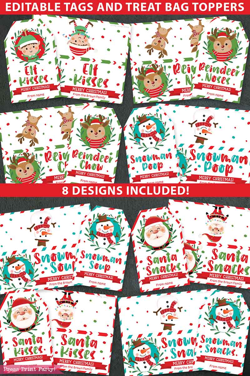 8 Christmas Treat Bag Toppers and Tags Set - Press Print Party!