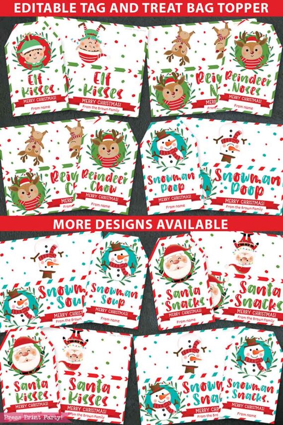 SANTA Snacks, snowman poop, reindeer snacks, reindeer noses, snowman snacks, snowman soup, santa kisses, elf kisses Christmas Treat Bag Toppers and Tag, Editable, Classroom Gift, Easy Holiday Gift, Neighbor Gift, Snack Mix, INSTANT DOWNLOAD Press Print Party