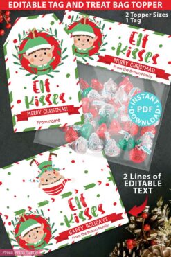 Elf Kisses Christmas Treat Bag Toppers and Tag, Editable, Classroom Gift, Easy Holiday Gift, Christmas Snack Mix, INSTANT DOWNLOAD Press print party