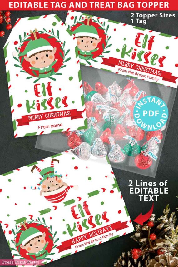 Elf Kisses Christmas Treat Bag Toppers and Tag, Editable, Classroom Gift, Easy Holiday Gift, Christmas Snack Mix, INSTANT DOWNLOAD Press print party