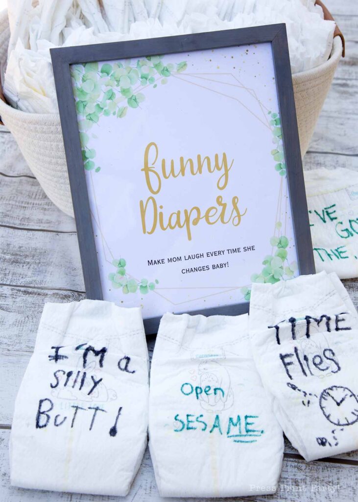 Greenery baby shower decor ideas game sign funny diapers eucalyptus printable - Press Print Party!