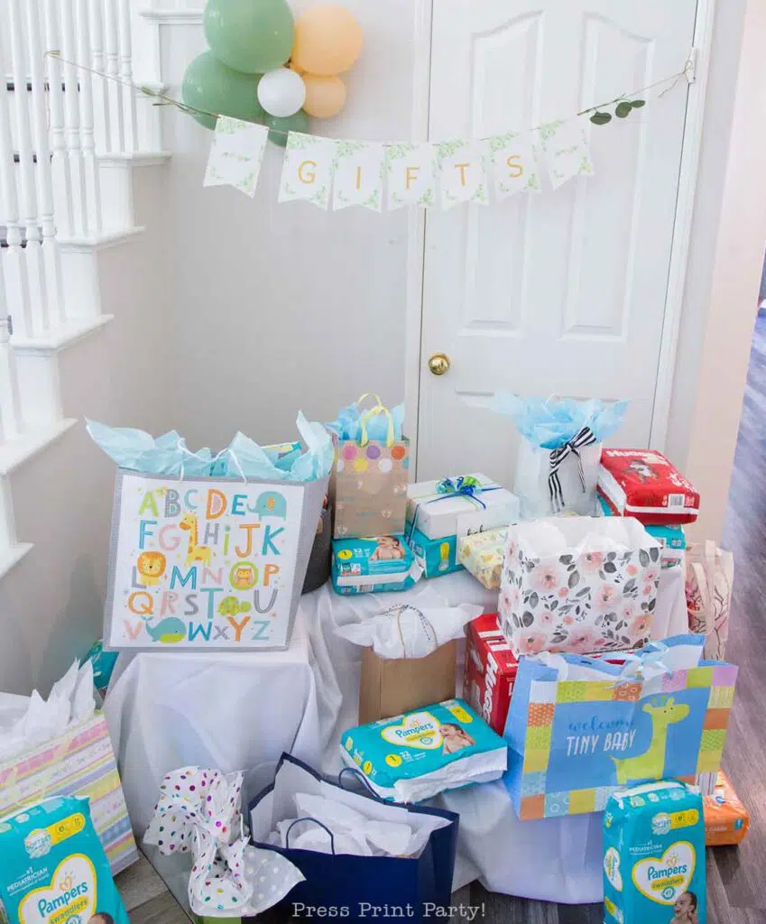Gift station at greenery baby shower eucalyptus printable banner decor - Press Print Party!