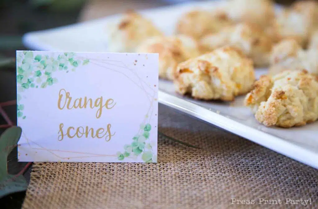 Place card for orange scone with eucalyptus design for greenery baby shower - Press Print Party!