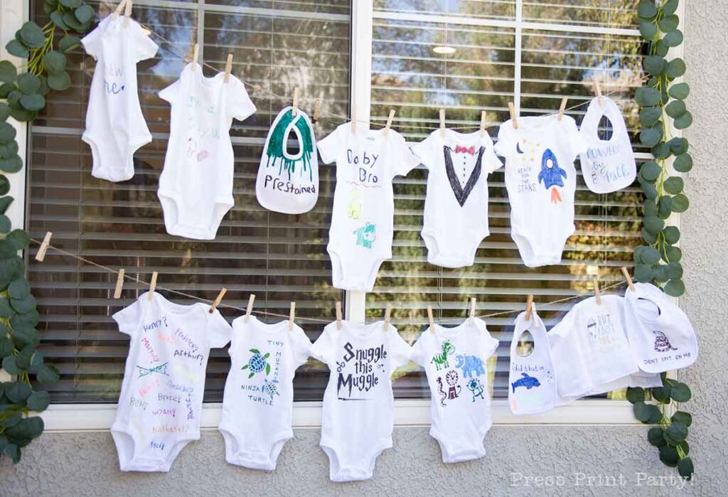 greenery baby shower ideas craft game draw bibs and onesies - Press Print Party!
