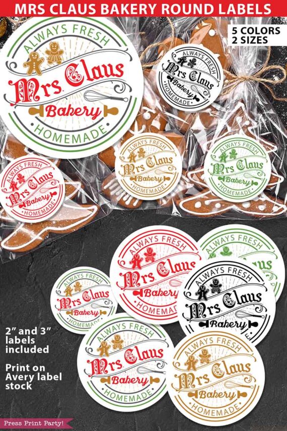 Baked Goods Christmas Round Stickers, Mrs Claus Bakery, Homemade Christmas Baking, Cookie Gift, Christmas Bread Label, Christmas sticker printable  INSTANT DOWNLOAD press print party
