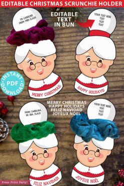 Christmas Hair Scrunchie Holder Printable, Mrs Claus Christmas Card, Stocking Stuffer, Classroom Gift for Girls, INSTANT DOWNLOAD press print party