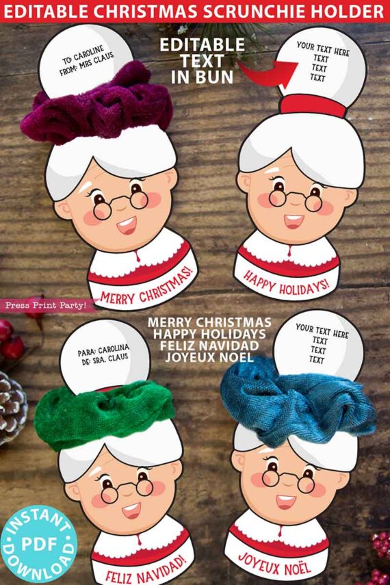 Christmas Hair Scrunchie Holder Printable, Mrs Claus Christmas Card, Stocking Stuffer, Classroom Gift for Girls, INSTANT DOWNLOAD press print party