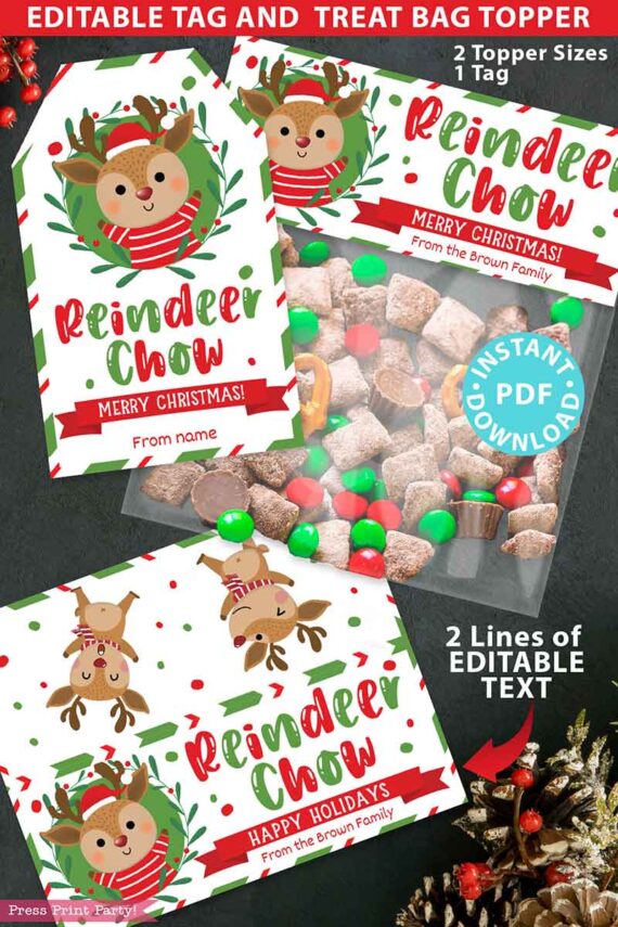 Reindeer Chow Christmas Treat Bag Toppers and Tag, Editable, Classroom Gift, Easy Holiday Gift, Christmas Snack Mix, INSTANT DOWNLOAD press print party