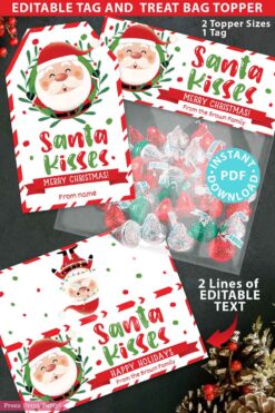 SANTA Kisses Christmas Treat Bag Toppers and Tag, Editable, Classroom Gift, Easy Holiday Gift, INSTANT DOWNLOAD Press Print Party