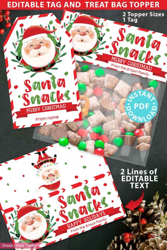 SANTA Snacks Christmas Treat Bag Toppers and Tag, Editable, Classroom Gift, Easy Holiday Gift, Neighbor Gift, Snack Mix, INSTANT DOWNLOAD Press Print Party