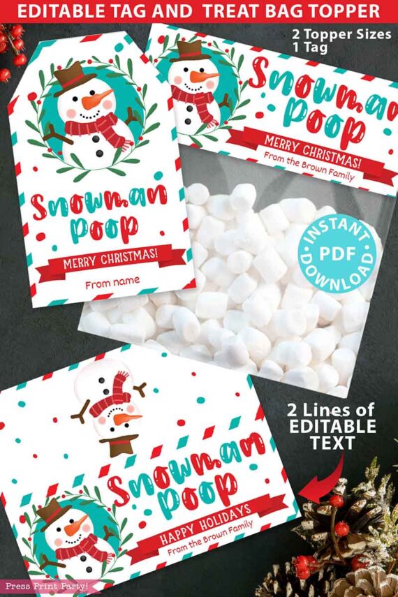 Snowman Poop Christmas Treat Bag Toppers and Tag, Editable, Classroom Gift, Easy Holiday Gift, Marshmallow, INSTANT DOWNLOAD press print party