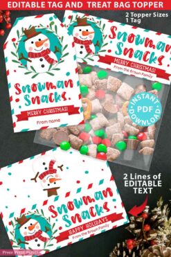 Snowman Snacks Christmas Treat Bag Toppers and Tag, Editable, Classroom Gift, Easy Holiday Gift, Christmas Snack Mix , INSTANT DOWNLOAD press print party