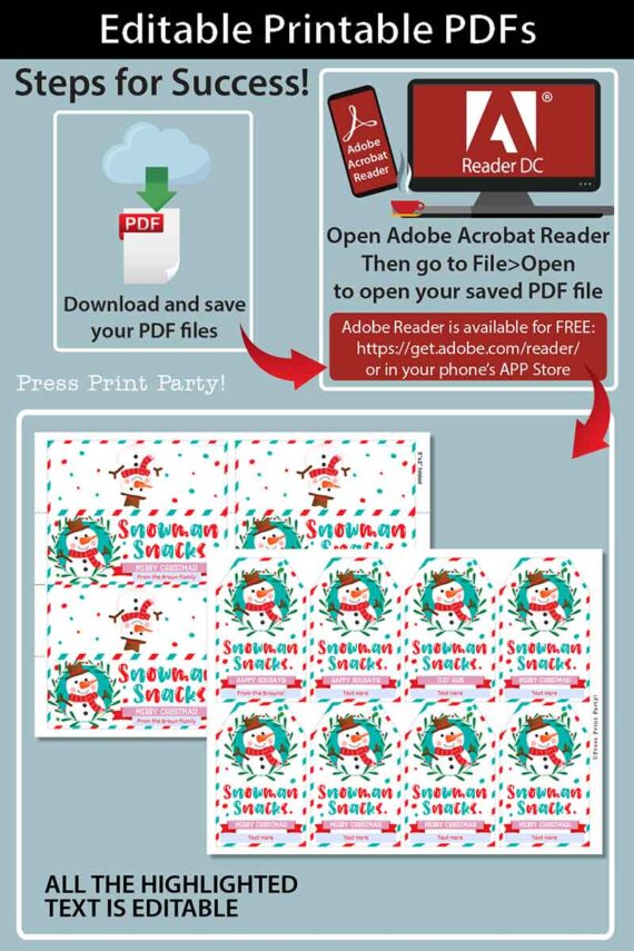 Snowman Snacks Christmas Treat Bag Toppers and Tag, Editable, Classroom Gift, Easy Holiday Gift, Christmas Snack Mix , INSTANT DOWNLOAD press print party