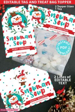 Snowman Soup Christmas Treat Bag Toppers and Tag, Editable, Classroom Gift, Easy Holiday Gift, Christmas cocoa Mix , INSTANT DOWNLOAD press print party