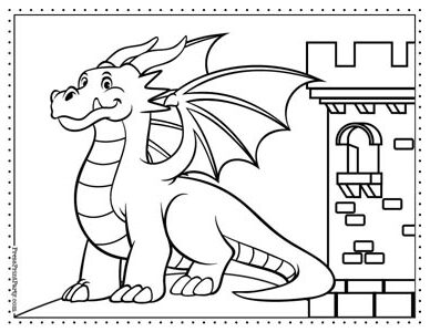 comic dragon in front of castle tower coloring page -10 cute dragon coloring sheets free printables. Press Print Party