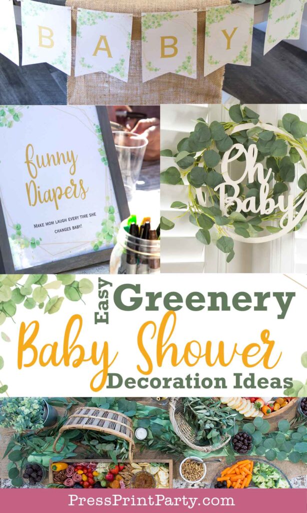 Greenery baby shower decor ideas with printable banner and eucalyptus on table and balloons peach and green and oh baby sign - Press Print Party!