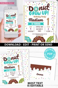 Donut Grow Up invitation Birthday Invitation Printable, Donut Baby Boy or Girl First Birthday Party Invitation, Blue Sprinkles, INSTANT DOWNLOAD press print party