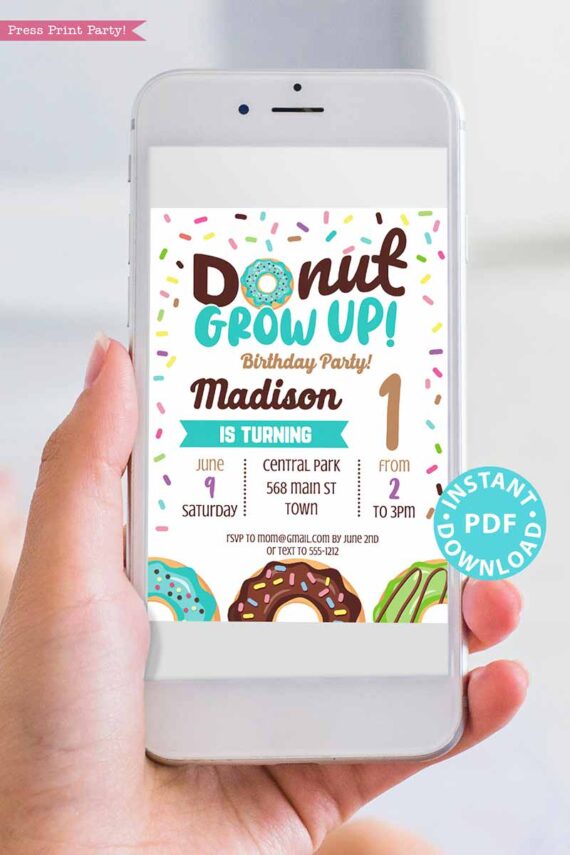 Donut Grow Up invitation Birthday Invitation Printable, Donut Baby Boy or Girl First Birthday Party Invitation, Blue Sprinkles, INSTANT DOWNLOAD press print party