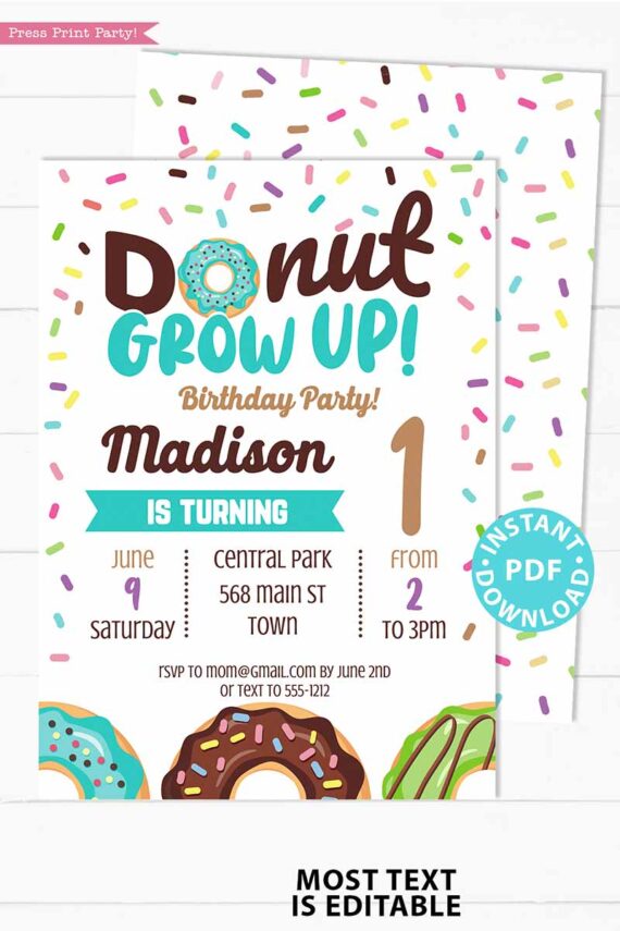 Donut Grow Up invitation Birthday Invitation Printable, Donut Baby Boy or Girl First Birthday Party Invitation, Blue Sprinkles, INSTANT DOWNLOAD press print party