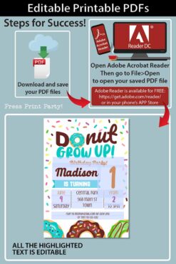 Donut Grow Up Birthday Invitation Printable, Donut Baby Boy or Girl First Birthday Party Invitation, Blue Sprinkles, INSTANT DOWNLOAD press print party