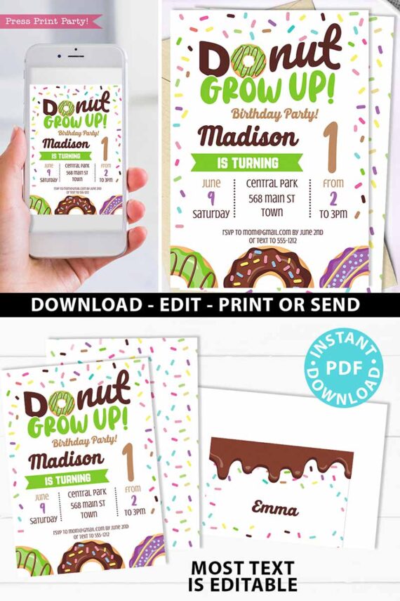 Donut Grow Up invitation Birthday Invitation Printable, Donut Baby Boy or Girl First Birthday Party Invitation, Green Sprinkles, INSTANT DOWNLOAD press print party