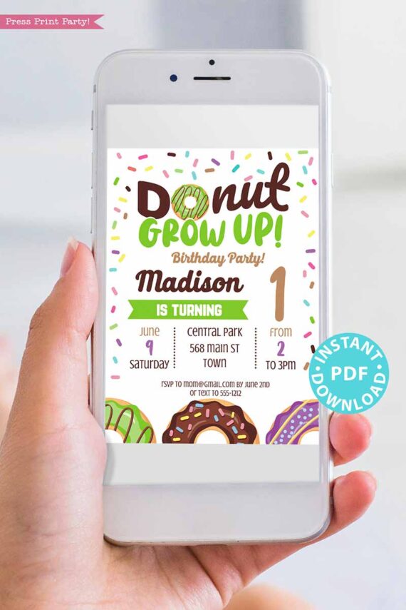Donut Grow Up invitation Birthday Invitation Printable, Donut Baby Boy or Girl First Birthday Party Invitation, Green Sprinkles, INSTANT DOWNLOAD press print party