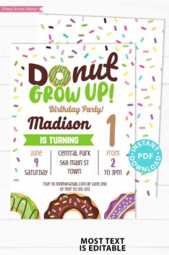 Donut Grow Up invitation Birthday Invitation Printable, Donut Baby Boy or Girl First Birthday Party Invitation, Green Sprinkles, INSTANT DOWNLOAD press print party