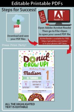Donut Grow Up Birthday Invitation Printable, Donut Baby Boy or Girl First Birthday Party Invitation, Green Sprinkles, INSTANT DOWNLOAD press print party