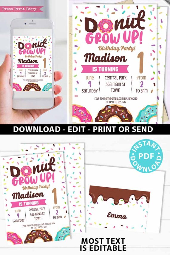 Donut Grow Up Birthday Invitation Printable, Donut Baby Boy or Girl First Birthday Party Invitation, Pink Sprinkles, INSTANT DOWNLOAD press print party