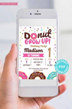 Donut Grow Up Birthday Invitation Printable, Donut Baby Boy or Girl First Birthday Party Invitation, Pink Sprinkles, INSTANT DOWNLOAD press print party