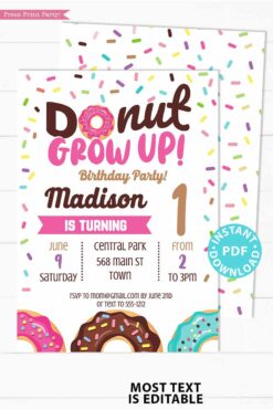 Donut Grow Up Birthday Invitation Printable, Donut Baby Boy or Girl First Birthday Party Invitation, Pink Sprinkles, INSTANT DOWNLOAD press print party