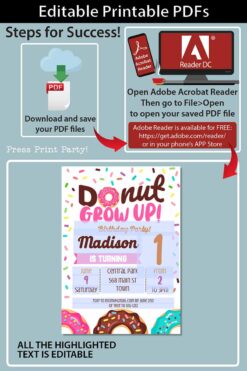 Donut Grow Up Birthday Invitation Printable, Donut Baby Boy or Girl First Birthday Party Invitation, Pink Sprinkles, INSTANT DOWNLOAD press print party