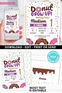 Donut Grow Up invitation Birthday Invitation Printable, Donut Baby Boy or Girl First Birthday Party Invitation, purple Sprinkles, INSTANT DOWNLOAD press print party