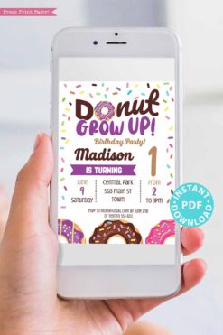 Donut Grow Up invitation Birthday Invitation Printable, Donut Baby Boy or Girl First Birthday Party Invitation, purple Sprinkles, INSTANT DOWNLOAD press print party
