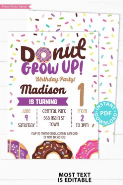 Donut Grow Up invitation Birthday Invitation Printable, Donut Baby Boy or Girl First Birthday Party Invitation, purple Sprinkles, INSTANT DOWNLOAD press print party
