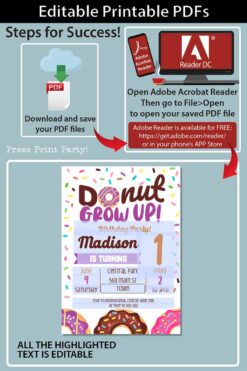 Donut Grow Up Birthday Invitation Printable, Donut Baby Boy or Girl First Birthday Party Invitation, purple Sprinkles, INSTANT DOWNLOAD press print party