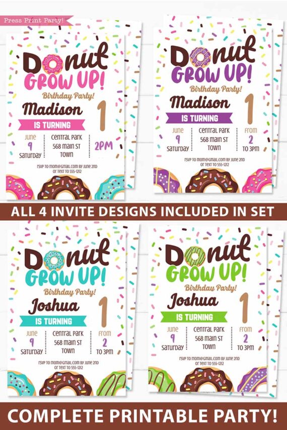 Donut Grow Up Party Birthday Party Printable Bundle, Donut Baby Girl or Boy, Donut Birthday Invitations and Donut Decorations, INSTANT DOWNLOAD Press Print Party