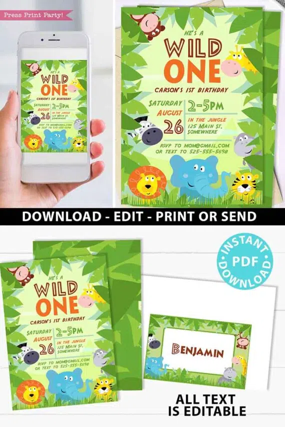 Wild ONE Birthday Invitation Printable, First Birthday Invitation, Safari Theme, Jungle Party, Wild One Invitation, INSTANT DOWNLOAD press print party