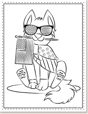 patriotic cat with american flag in mouth -10 free coloring pages of the American flag for kids printables - Press Print Party
