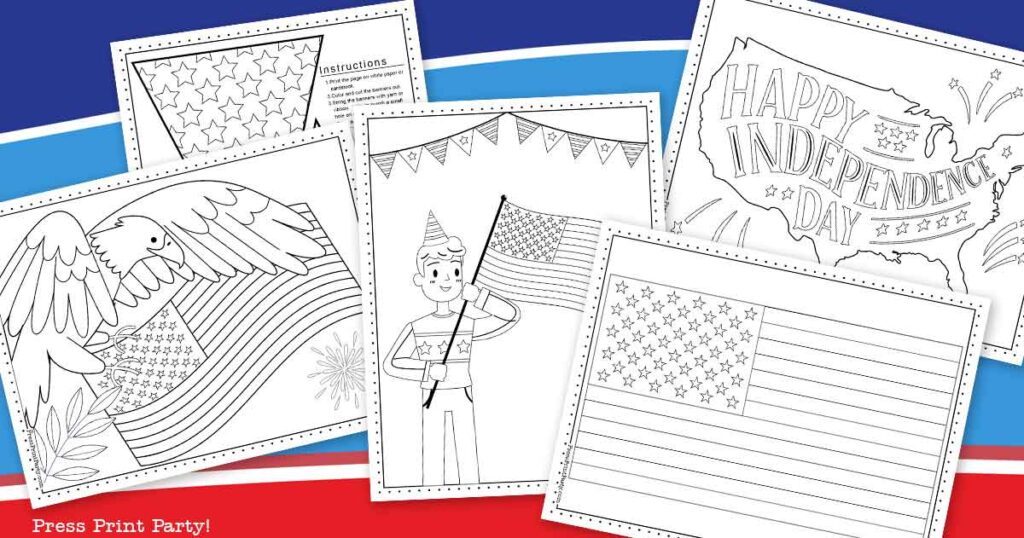 10 free coloring pages of the American flag for kids printables - bald eagle, flags, lincoln, bunting, patriotic cat  - Press Print Party