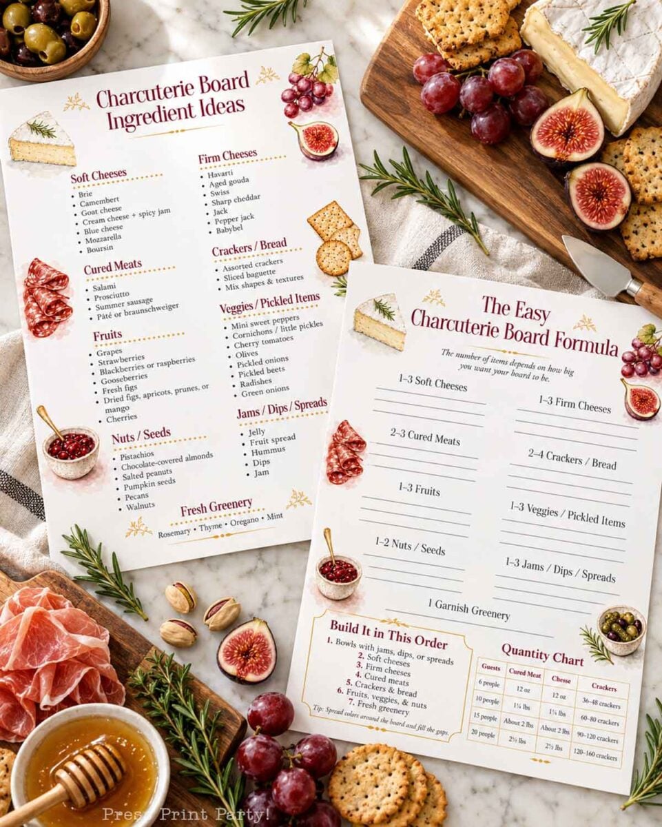 Two diy charcuterie board guides on a table with crackers, salami, grapes, herbs, and cheese. One guide lists ingredient ideas; the other shows a formula for building the perfect charcuterie board.