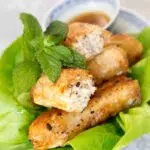 fried vietnamese egg rolls on plate with dip mint and lettuce- How to make vietnamese egg rolls recipe cha gio nem ran - Press Print Party!