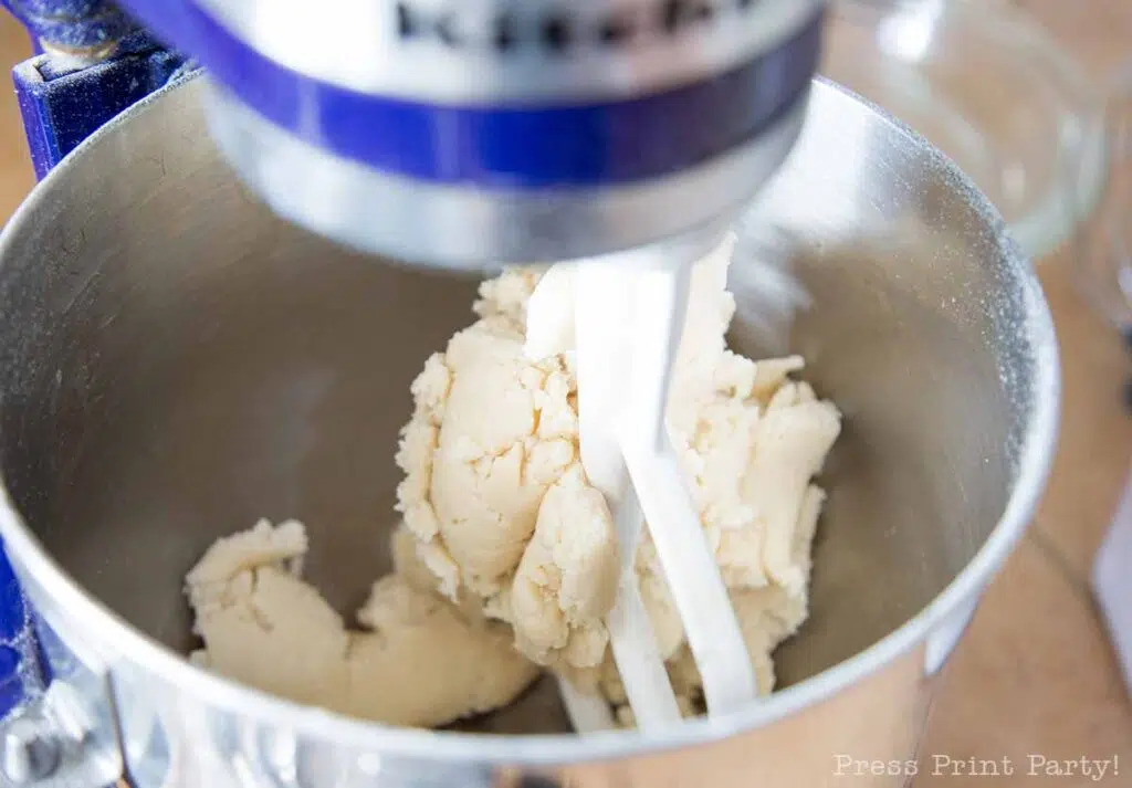 dough in the kitchen aid stand up mixer- easy pie crust homemade recipe with butter - Press Print Party!