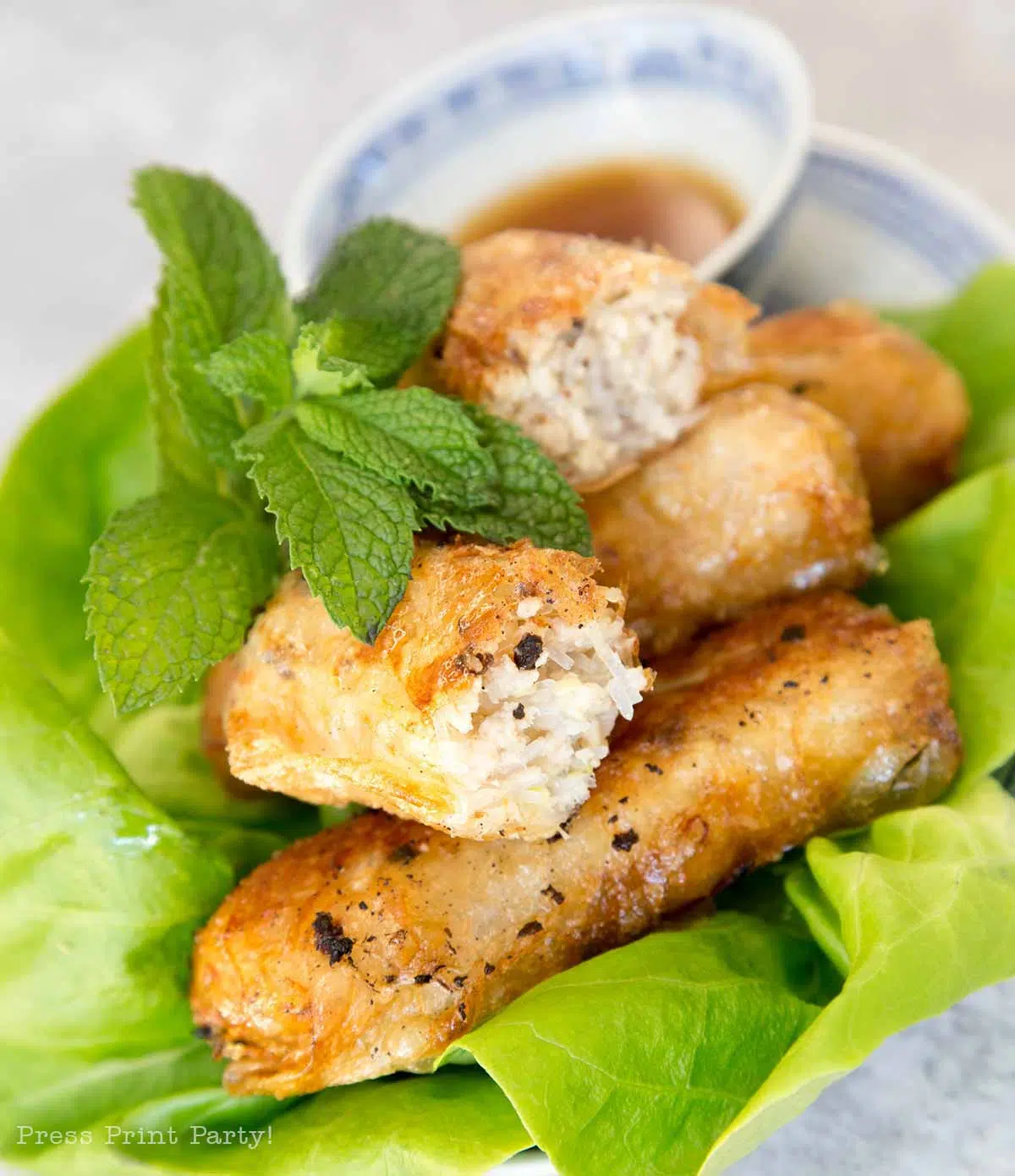fried vietnamese egg rolls on plate with dip mint and lettuce- How to make vietnamese egg rolls recipe cha gio nem ran - Press Print Party!